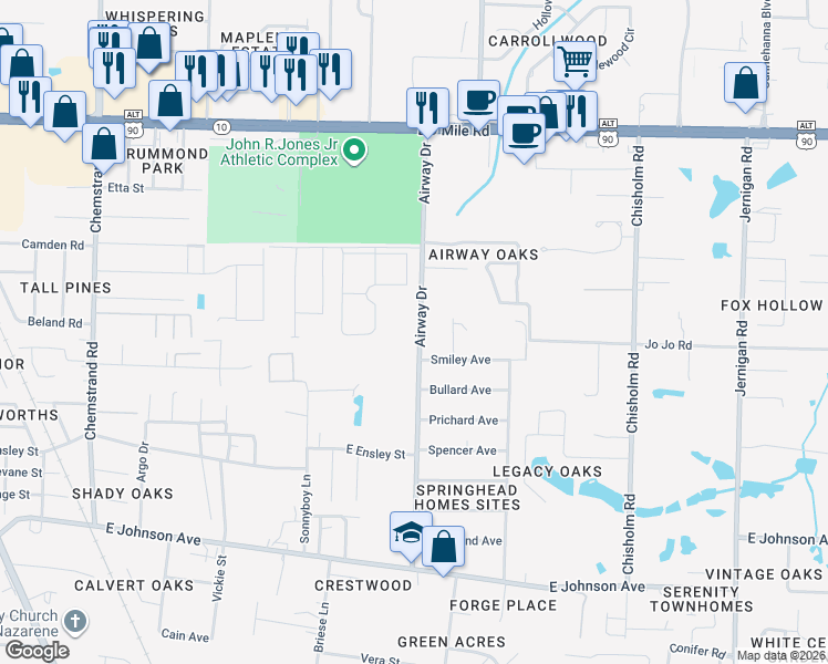 map of restaurants, bars, coffee shops, grocery stores, and more near 8902 Airway Drive in Pensacola