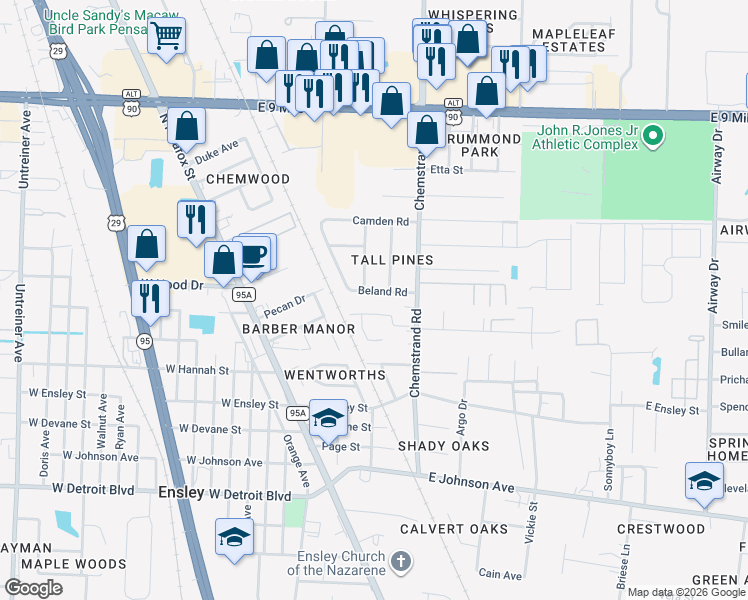 map of restaurants, bars, coffee shops, grocery stores, and more near 8901 Arcadia Road in Pensacola