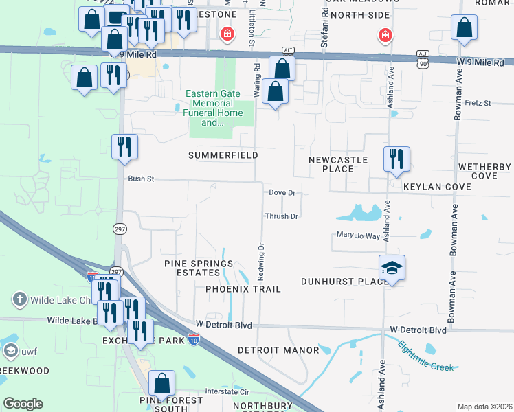 map of restaurants, bars, coffee shops, grocery stores, and more near 8781 Redwing Drive in Pensacola