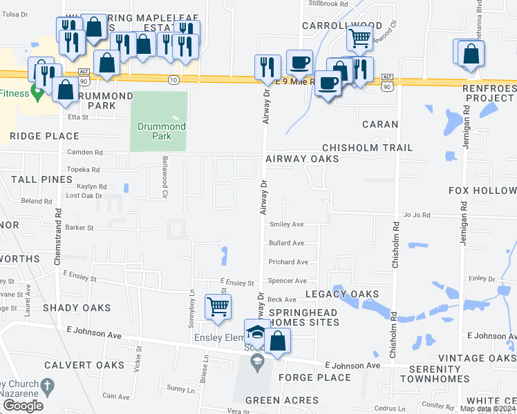 map of restaurants, bars, coffee shops, grocery stores, and more near 8902 Airway Drive in Pensacola