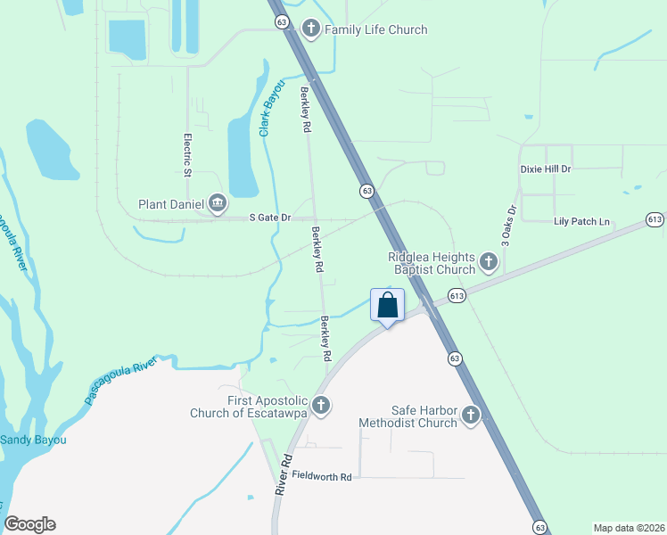 map of restaurants, bars, coffee shops, grocery stores, and more near 12608 Berkley Road in Moss Point