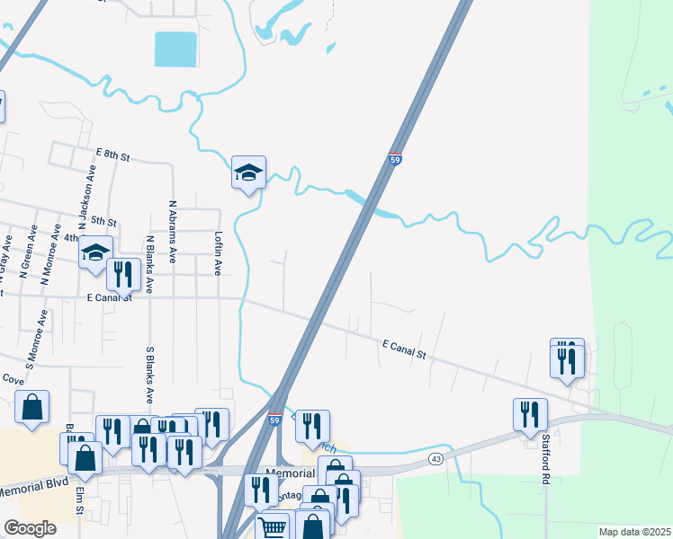 map of restaurants, bars, coffee shops, grocery stores, and more near Interstate 59 in Picayune