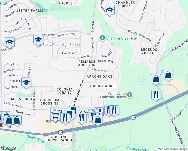 map of restaurants, bars, coffee shops, grocery stores, and more near 2100 Timberline Drive in Round Rock