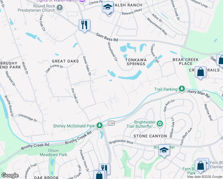 map of restaurants, bars, coffee shops, grocery stores, and more near 3602 Oak Meadow Drive in Round Rock