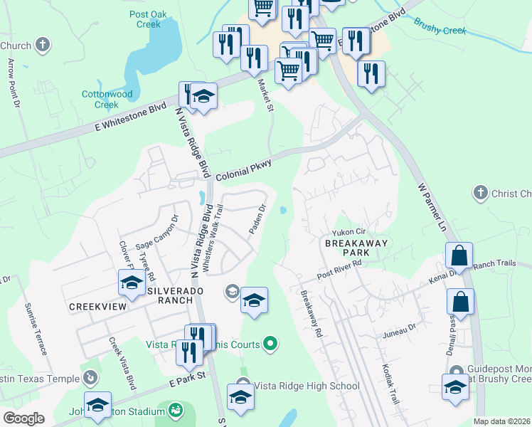 map of restaurants, bars, coffee shops, grocery stores, and more near 704 Paden Drive in Cedar Park
