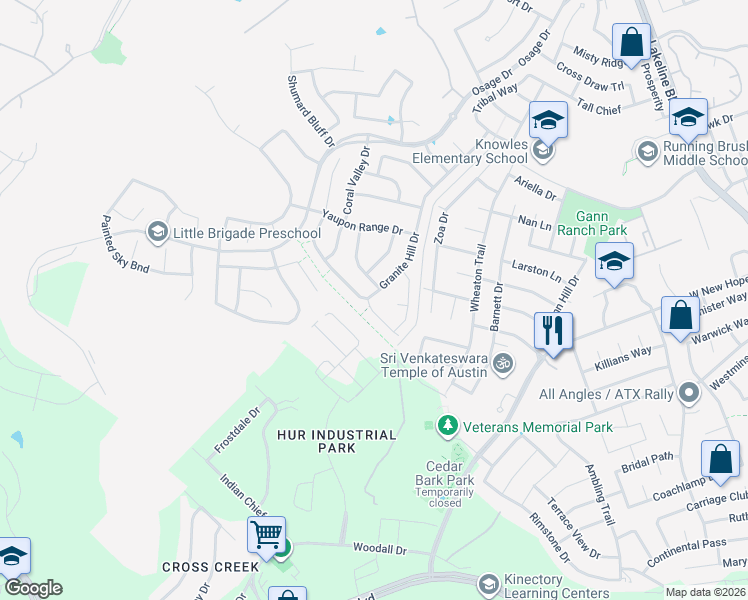 map of restaurants, bars, coffee shops, grocery stores, and more near 2420 Granite Hill Drive in Leander