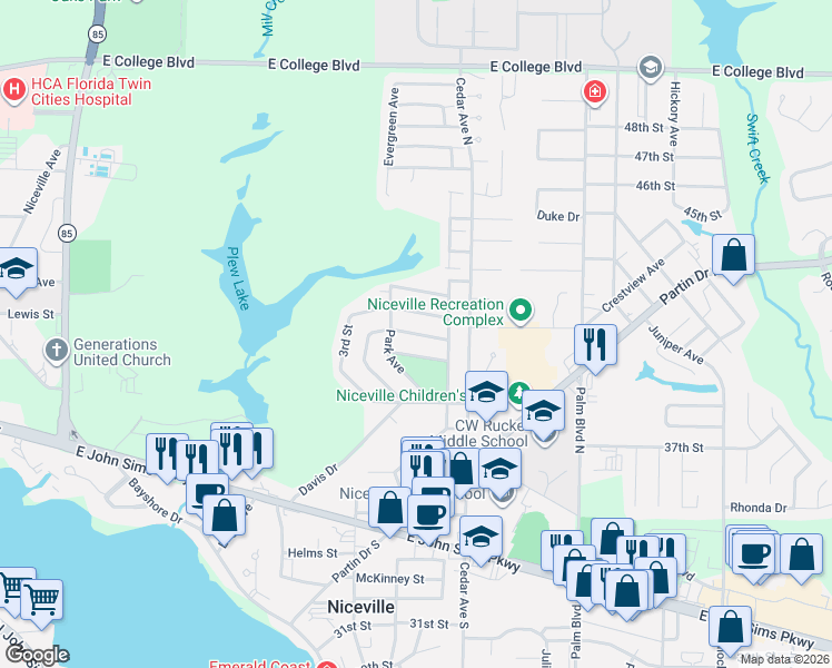map of restaurants, bars, coffee shops, grocery stores, and more near 213 3rd Street in Niceville