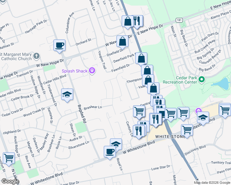 map of restaurants, bars, coffee shops, grocery stores, and more near 1701 Atlantica Street in Cedar Park