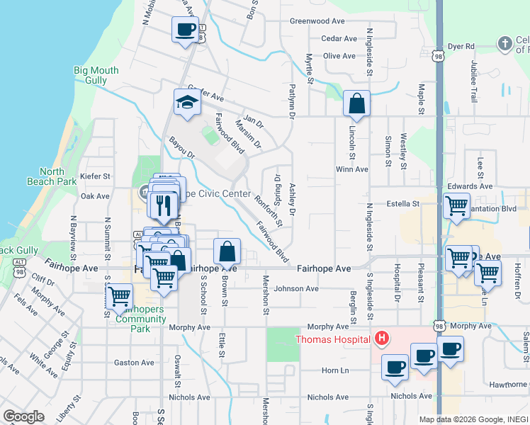map of restaurants, bars, coffee shops, grocery stores, and more near 109-111 Ronforth Street in Fairhope