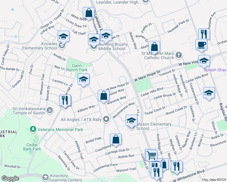 map of restaurants, bars, coffee shops, grocery stores, and more near 1701 West New Hope Drive in Cedar Park