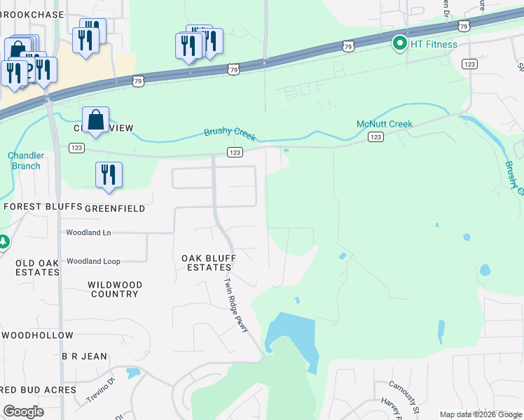 map of restaurants, bars, coffee shops, grocery stores, and more near 36 Stillmeadow in Round Rock