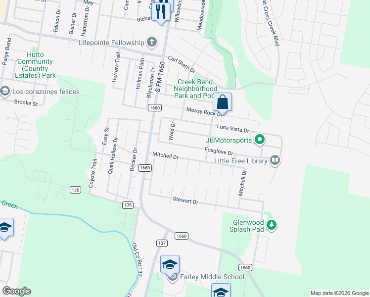 map of restaurants, bars, coffee shops, grocery stores, and more near 213 Foxglove Drive in Hutto