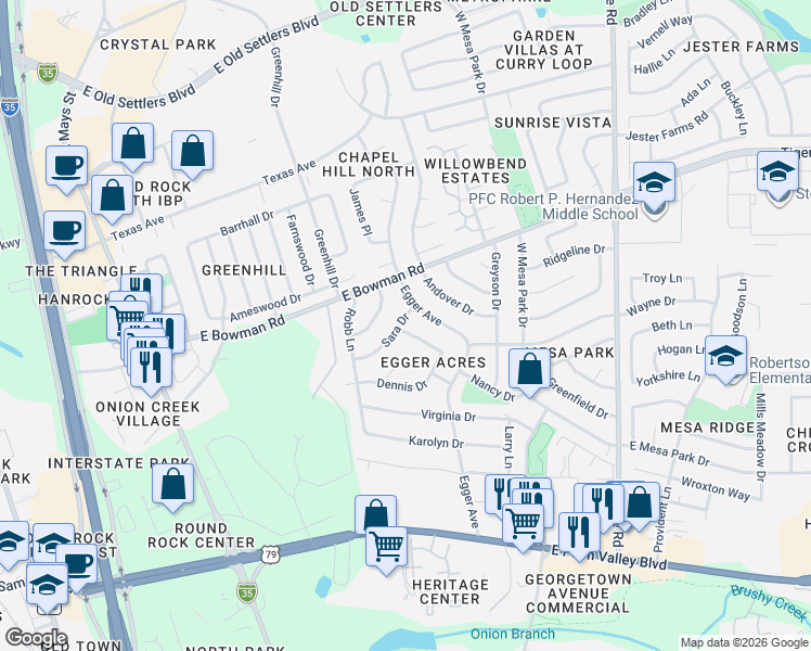 map of restaurants, bars, coffee shops, grocery stores, and more near 1717 Egger Avenue in Round Rock