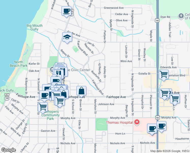 map of restaurants, bars, coffee shops, grocery stores, and more near 109-111 Ronforth Street in Fairhope