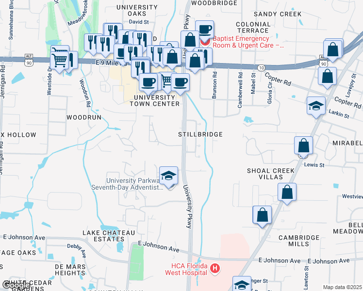 map of restaurants, bars, coffee shops, grocery stores, and more near 9011 University Parkway in Pensacola