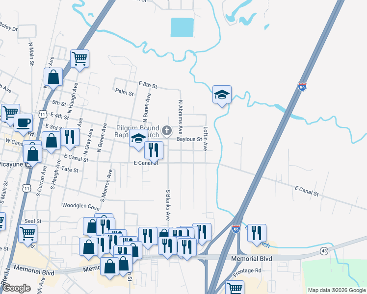 map of restaurants, bars, coffee shops, grocery stores, and more near 1100-1198 Baylous Street in Picayune