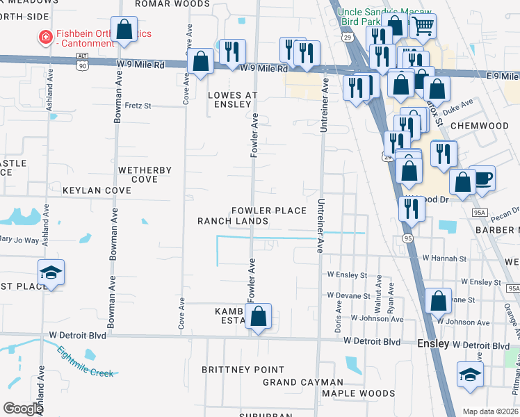 map of restaurants, bars, coffee shops, grocery stores, and more near 8800 Fowler Avenue in Pensacola