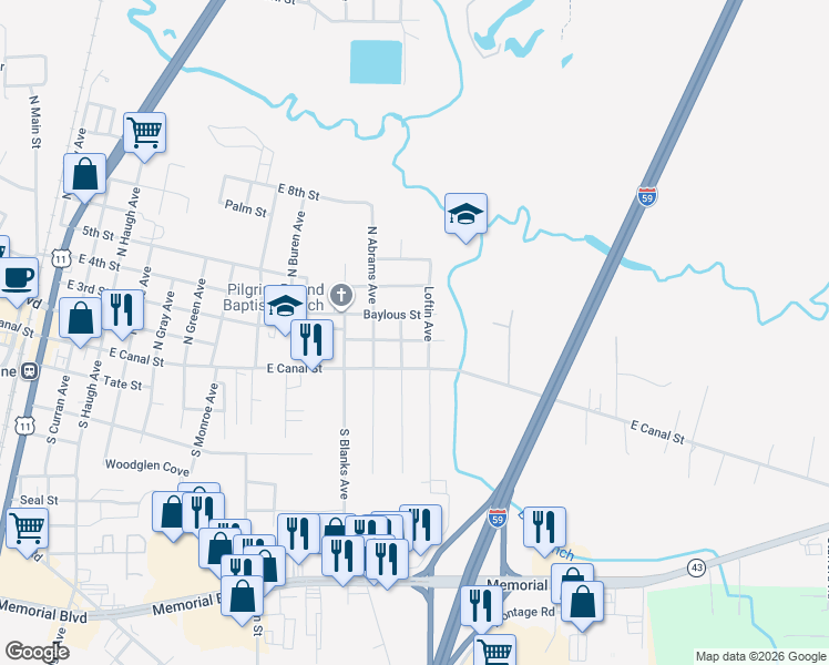 map of restaurants, bars, coffee shops, grocery stores, and more near 1200-1298 Baylous St in Picayune