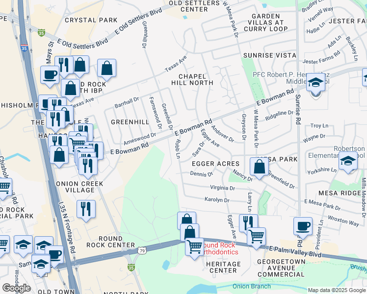 map of restaurants, bars, coffee shops, grocery stores, and more near 502 Heather Drive in Round Rock