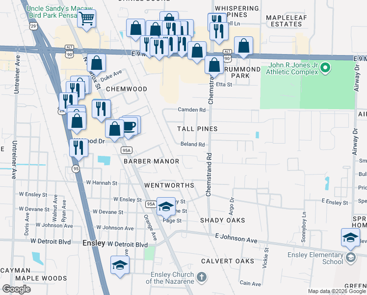 map of restaurants, bars, coffee shops, grocery stores, and more near 146 Beland Road in Pensacola