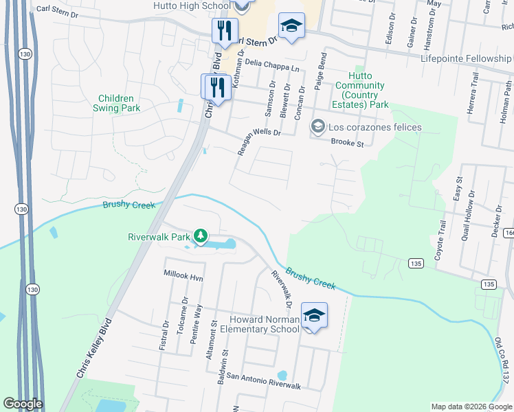 map of restaurants, bars, coffee shops, grocery stores, and more near 1112 Enclave Way in Hutto