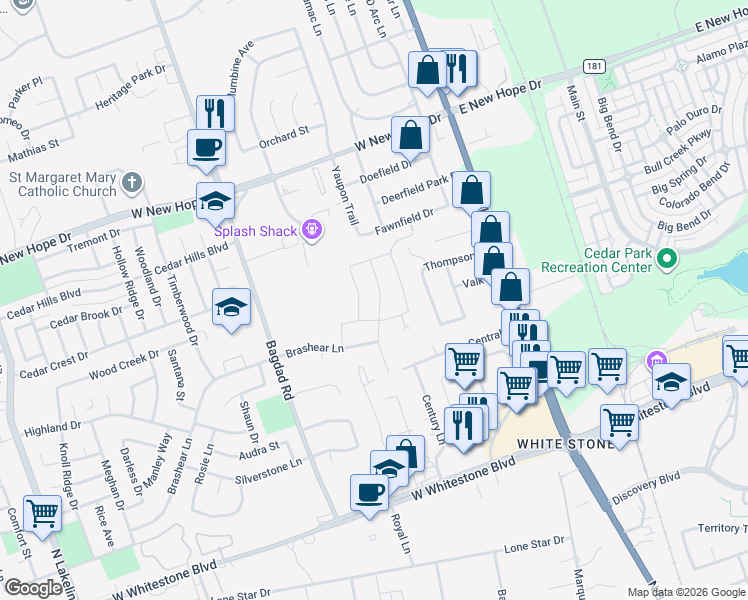 map of restaurants, bars, coffee shops, grocery stores, and more near 1704 Atlas Road in Cedar Park