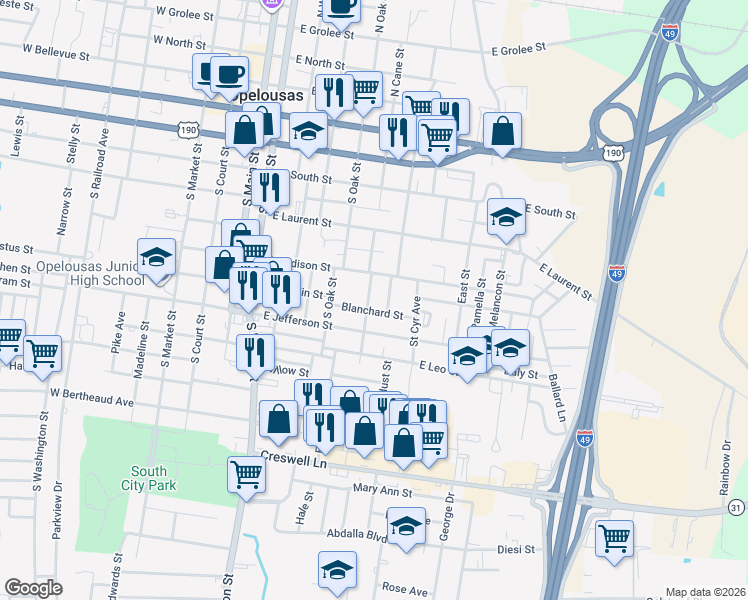 map of restaurants, bars, coffee shops, grocery stores, and more near 725 South Cane Street in Opelousas