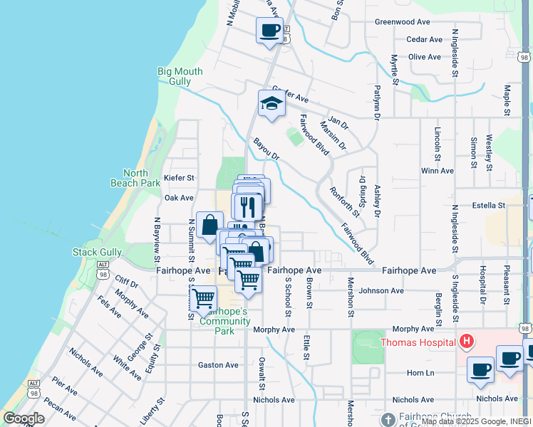 map of restaurants, bars, coffee shops, grocery stores, and more near 106 North Bancroft Street in Fairhope