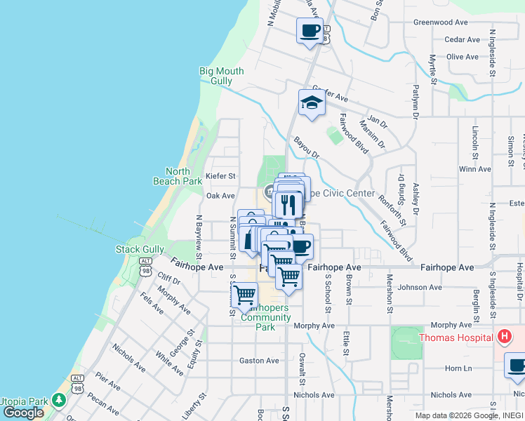 map of restaurants, bars, coffee shops, grocery stores, and more near 96 North Church Street in Fairhope