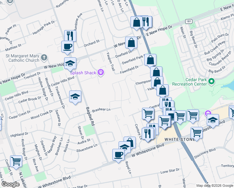 map of restaurants, bars, coffee shops, grocery stores, and more near 1704 Atlas Road in Cedar Park