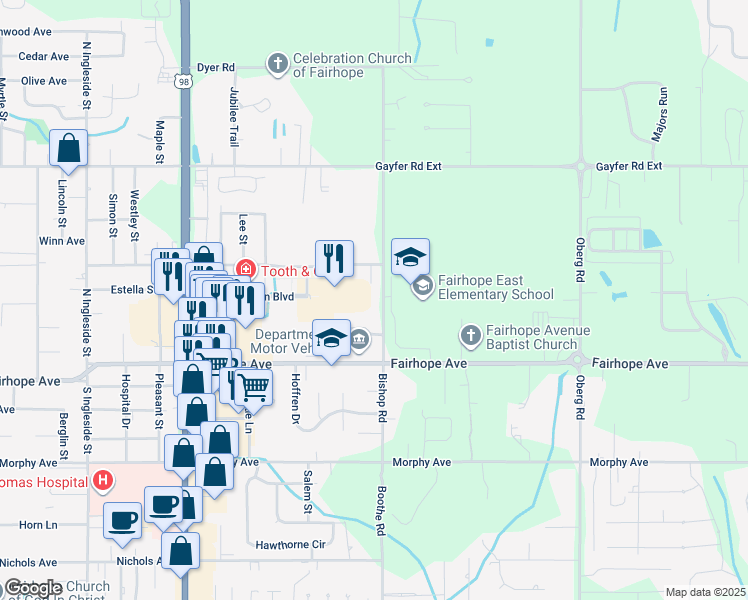 map of restaurants, bars, coffee shops, grocery stores, and more near 20649 Bishop Road in Fairhope