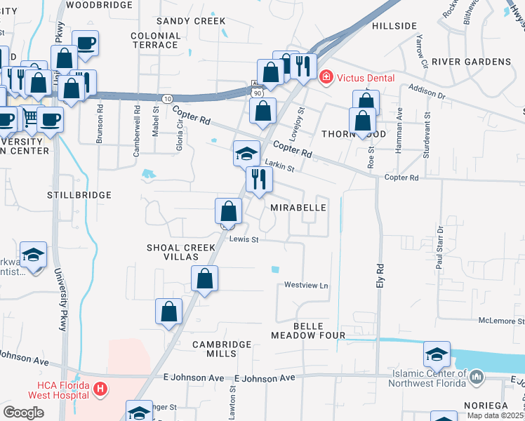 map of restaurants, bars, coffee shops, grocery stores, and more near 8990 North Davis Highway in Pensacola