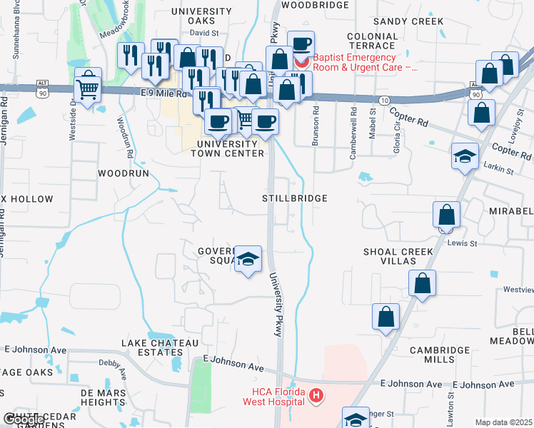map of restaurants, bars, coffee shops, grocery stores, and more near 9011 University Parkway in Pensacola