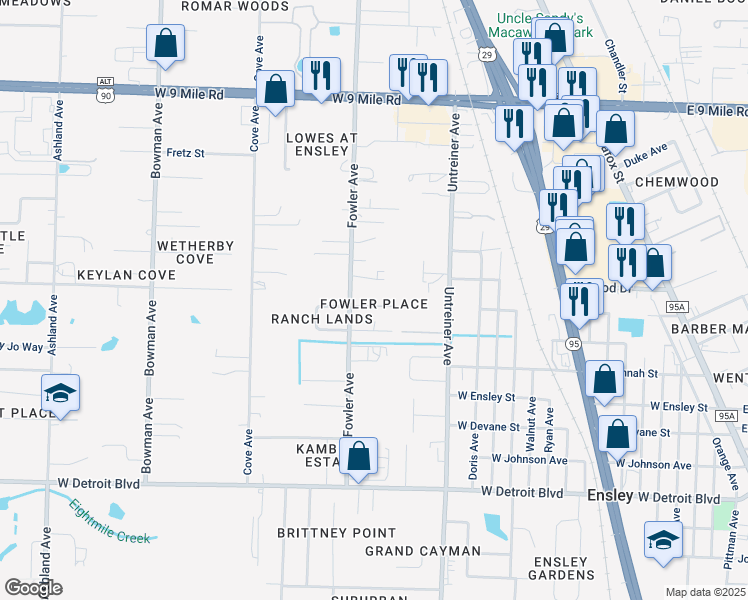 map of restaurants, bars, coffee shops, grocery stores, and more near 8800 Fowler Avenue in Pensacola