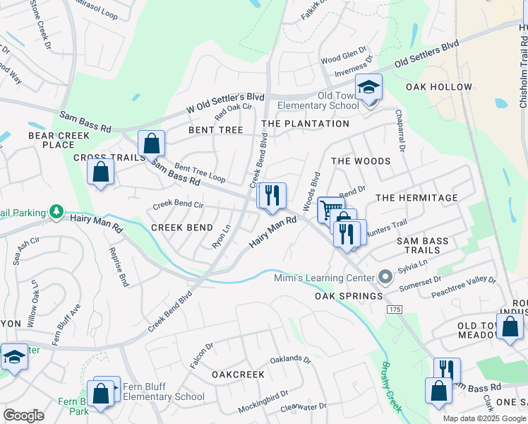 map of restaurants, bars, coffee shops, grocery stores, and more near 2381 Sam Bass Road in Round Rock