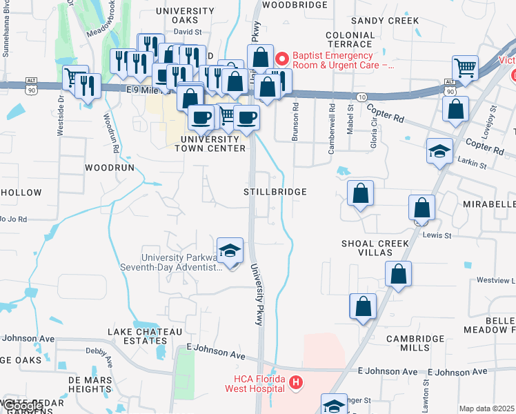 map of restaurants, bars, coffee shops, grocery stores, and more near 9006 University Parkway in Pensacola
