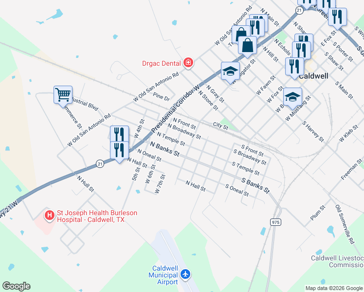map of restaurants, bars, coffee shops, grocery stores, and more near 504 North Temple Street in Caldwell