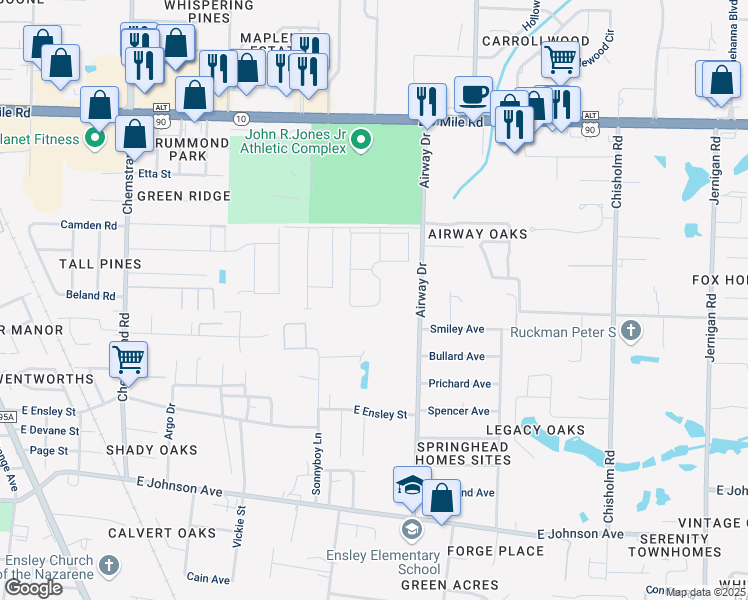 map of restaurants, bars, coffee shops, grocery stores, and more near 9091 Airway Drive in Pensacola