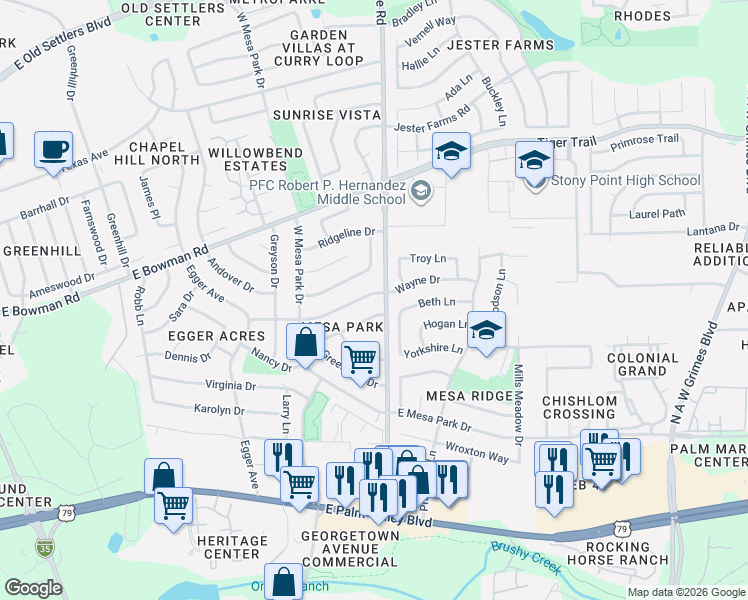 map of restaurants, bars, coffee shops, grocery stores, and more near in Round Rock
