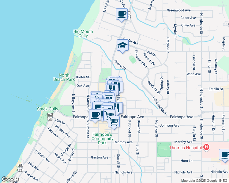 map of restaurants, bars, coffee shops, grocery stores, and more near 150 North Section Street in Fairhope