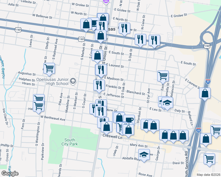 map of restaurants, bars, coffee shops, grocery stores, and more near 727 South Walnut Street in Opelousas