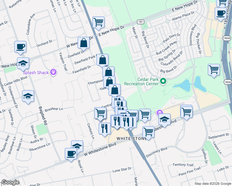 map of restaurants, bars, coffee shops, grocery stores, and more near North Bell Boulevard in Williamson County