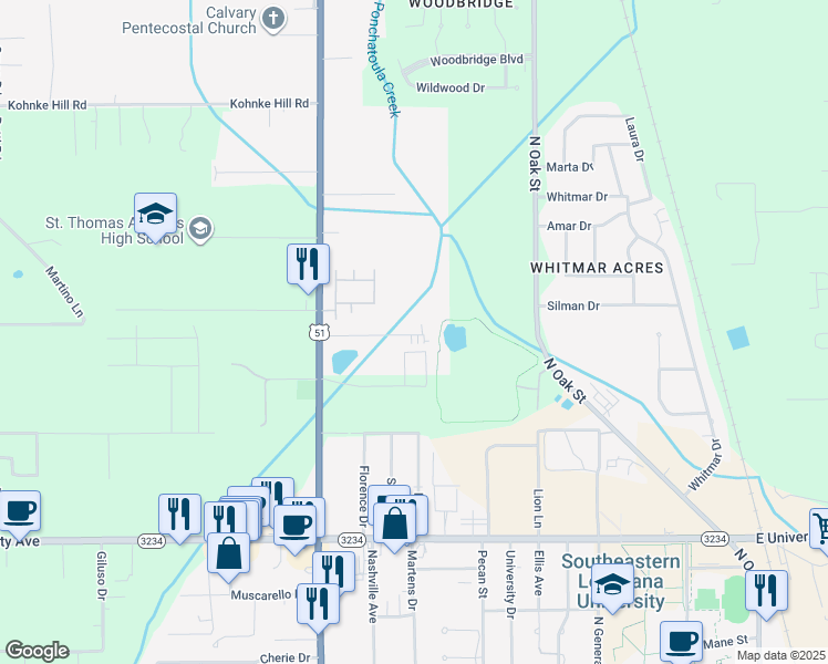 map of restaurants, bars, coffee shops, grocery stores, and more near 15043 Woodstone Drive in Hammond