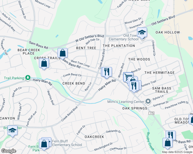 map of restaurants, bars, coffee shops, grocery stores, and more near 2381 Sam Bass Road in Round Rock