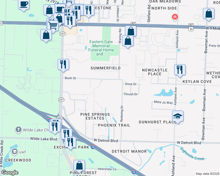 map of restaurants, bars, coffee shops, grocery stores, and more near 2035 Bush Street in Pensacola