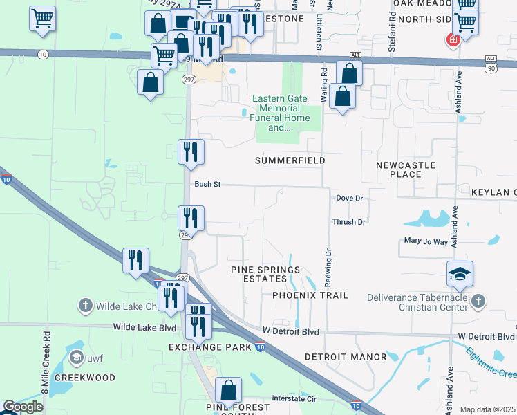map of restaurants, bars, coffee shops, grocery stores, and more near 2292 Sparrow Lane in Pensacola