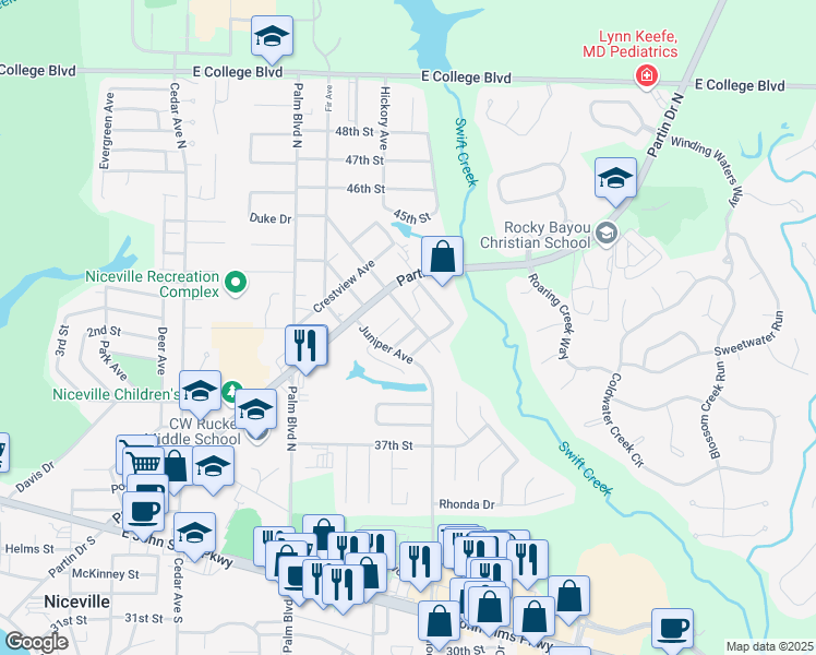 map of restaurants, bars, coffee shops, grocery stores, and more near 1128 Ivey Terrace in Niceville