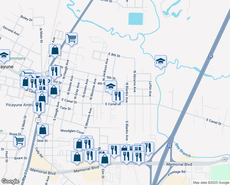 map of restaurants, bars, coffee shops, grocery stores, and more near 900 East 3rd Street in Picayune