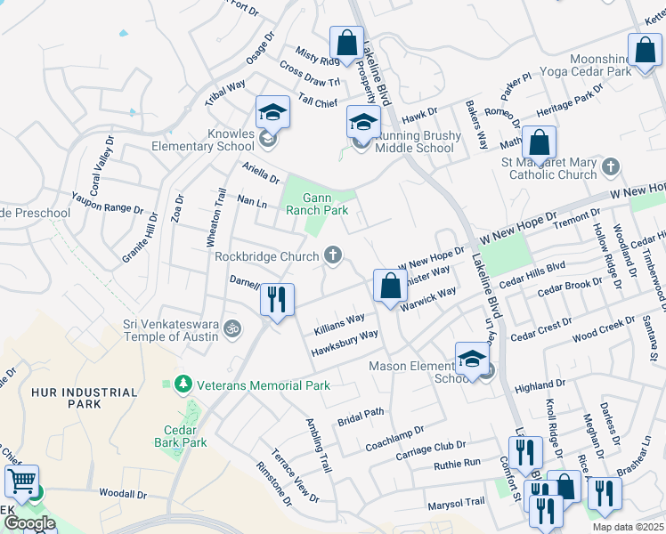 map of restaurants, bars, coffee shops, grocery stores, and more near 2001 West New Hope Drive in Cedar Park