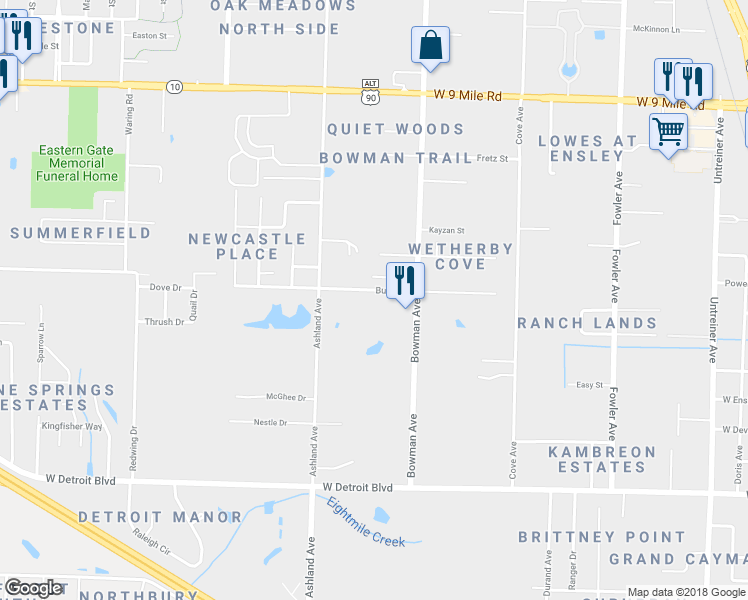 map of restaurants, bars, coffee shops, grocery stores, and more near 1535 Bush Street in Pensacola